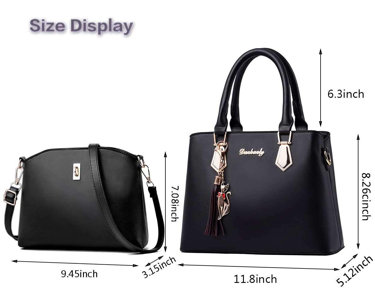 Chikencall Women Top-Handle Purses Leather 2pcs Set Totes Handbag Satchel Shoulder Bag for Ladies with tassel and cat pendant