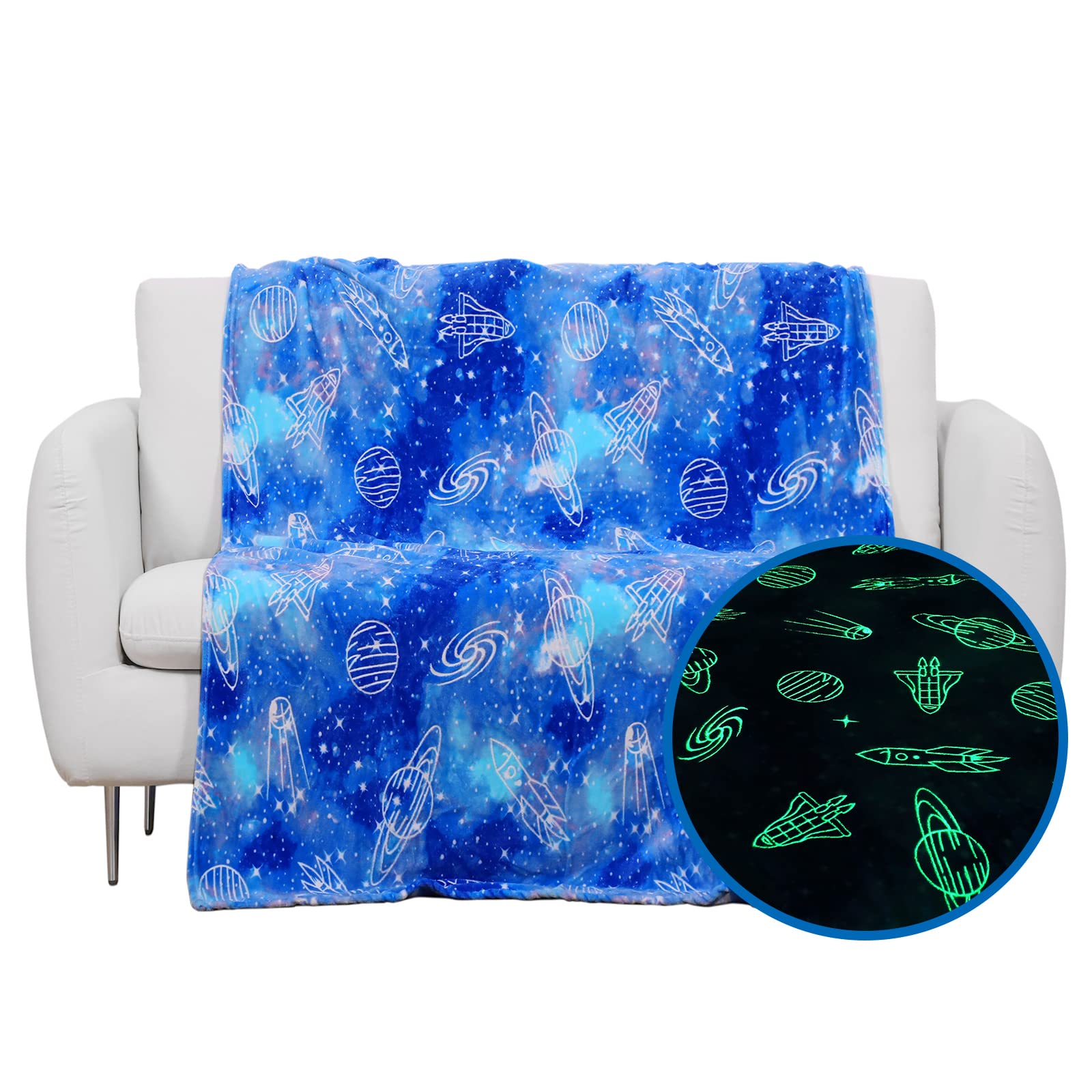 Wesan Glow in The Dark Galaxy Blanket Space Gifts for Kids Boys Girls Outer Space Planets Spaceships Astronomy Starry Sky Throw Birthday for 1-13 Year Teenage Teens Blue 50"x60"