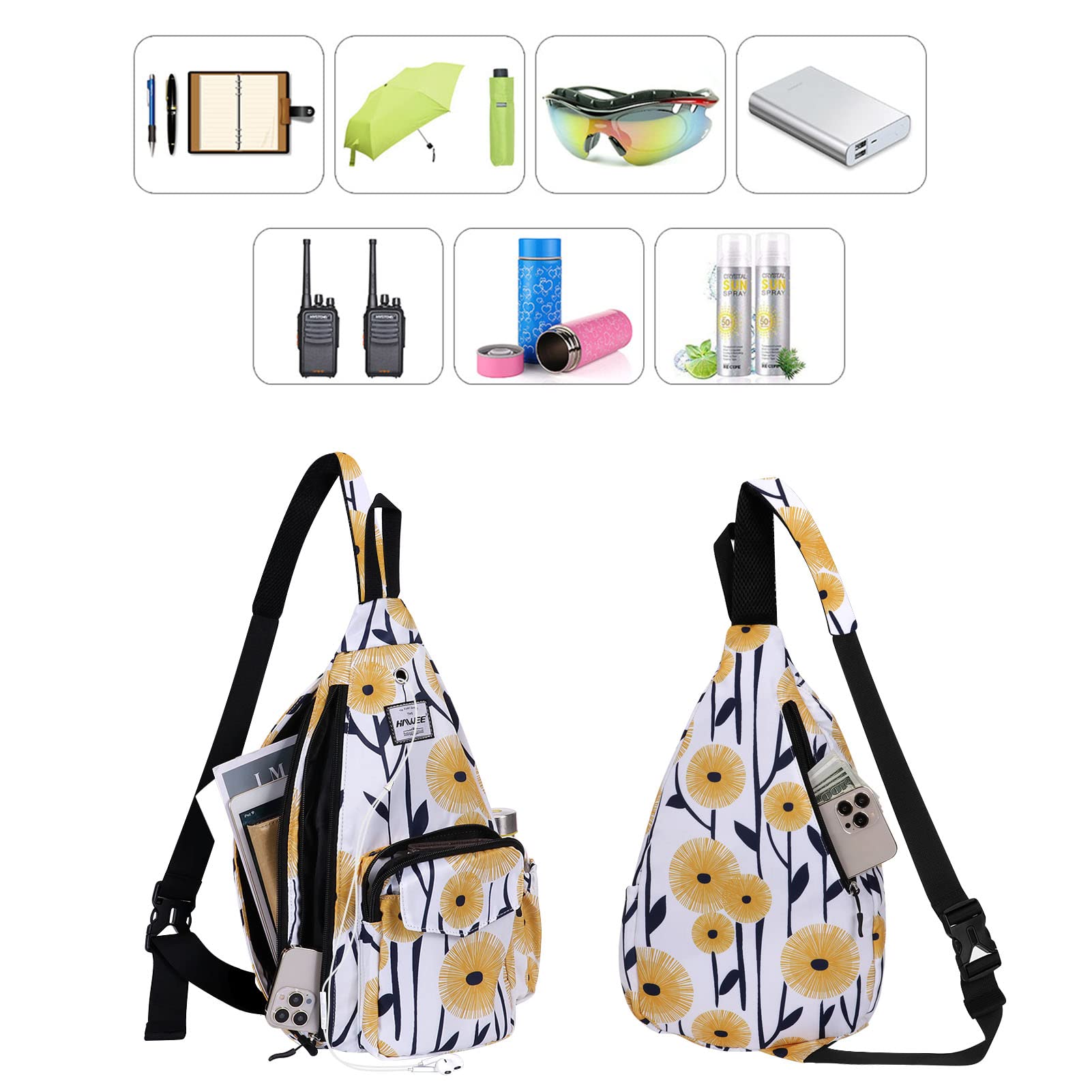 HAWEE Rope Sling Bag for Women Men Casual Cross Body Daypack Backpack Purse Adjustable Strap Bottle Pocket for Travel/Sport, Dandelion