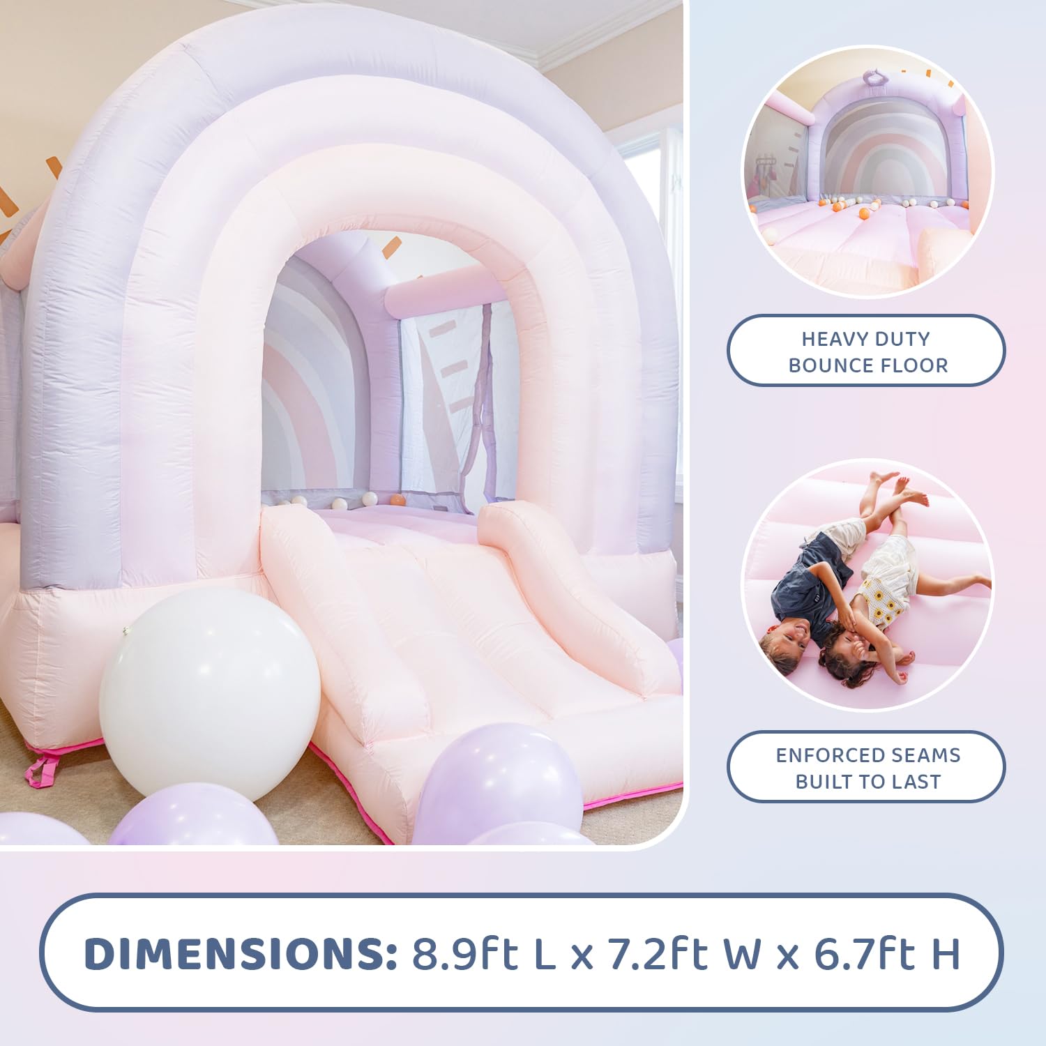 Bounceland Daydreamer Cotton Candy Bounce House, Pastel Bouncer with Slide, 8.9 ft L x 7.2 ft W x 6.7 ft H, UL Blower Included, Basketball Hoop, 30 Pastel Plastic Balls, Trendy Bouncer for Kids