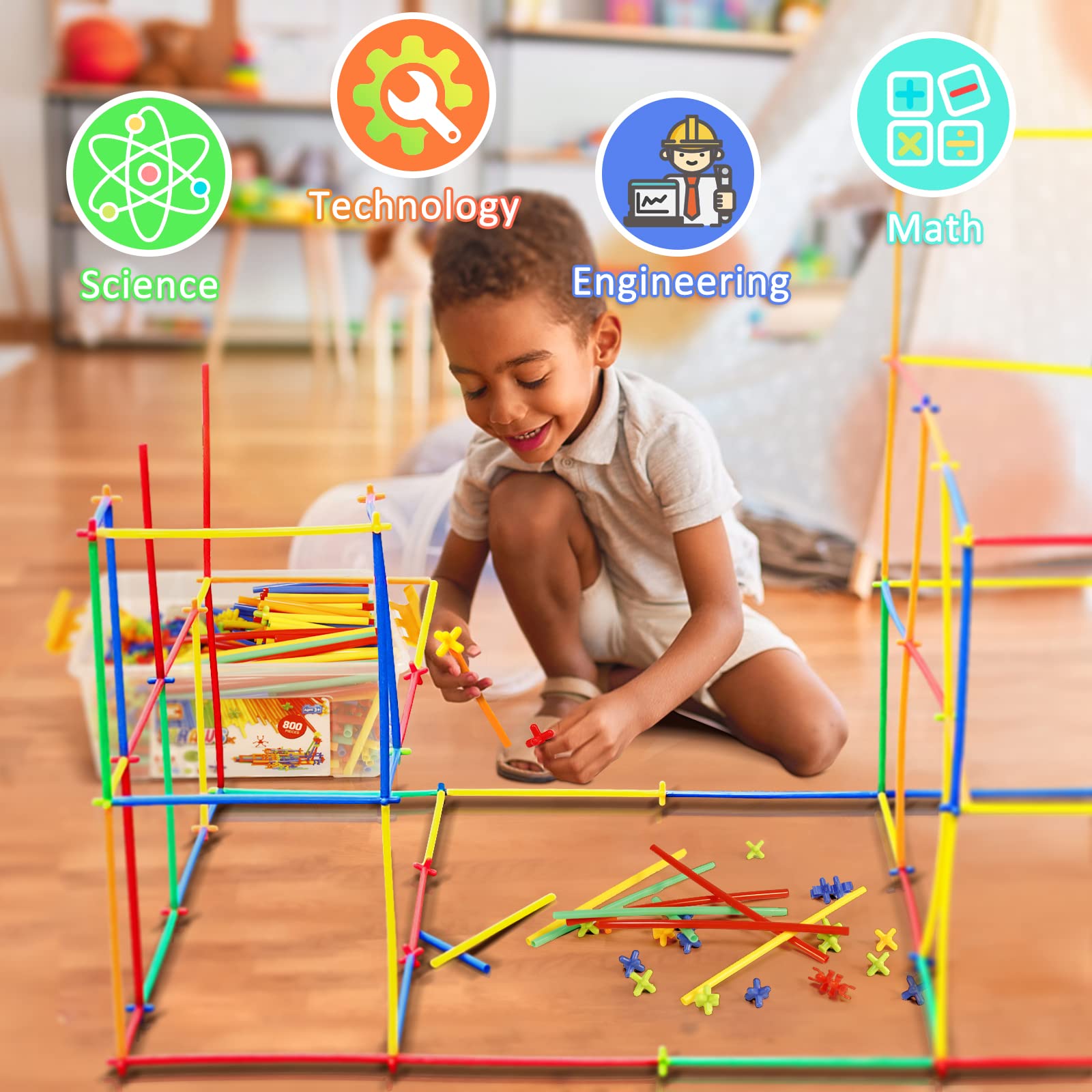 Ggiibro Straw Constructor Toys STEM Building Toys 800Pcs Toys for 3+ Year Interlocking Plastic Toys Engineering Toys Thin Tube Blocks Toy Educational Toy Kit for Indoor Kids Toys with a Storage Box