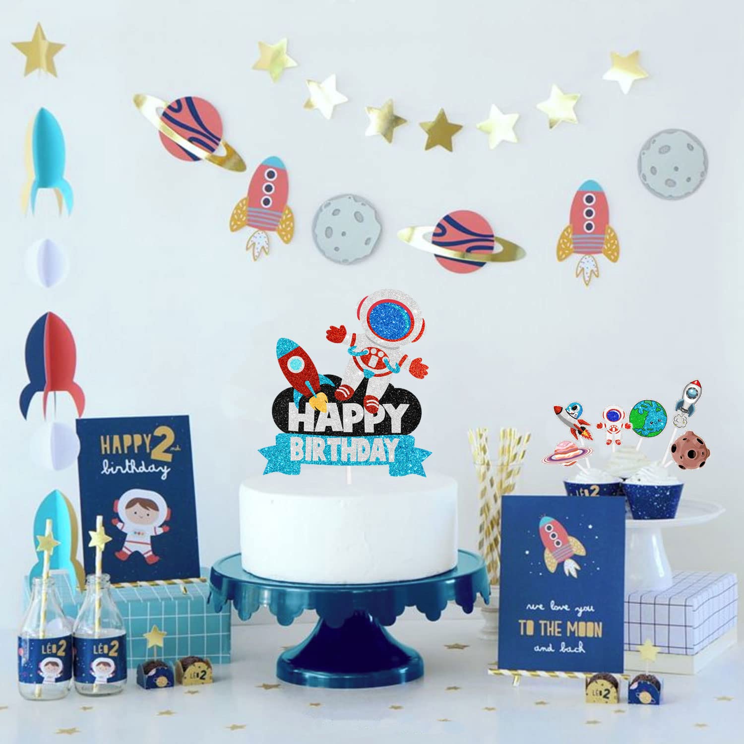 Set of Astronaut Happy Birthday Cake Toppers-with a Space Theme The Rocket Planet space ship Decorations for a Baby Shower, Boy or Girl's Birthday Party