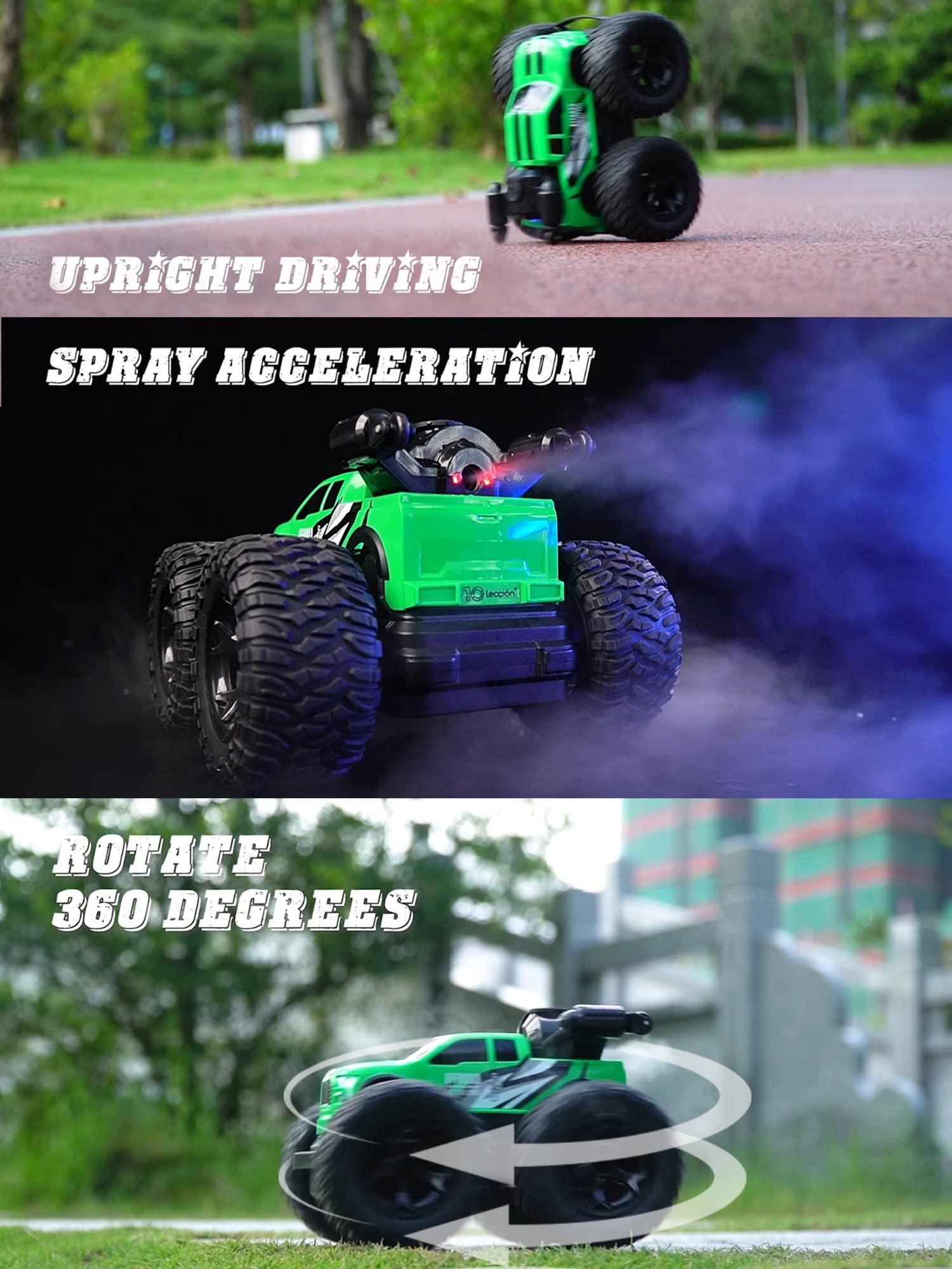 RC Stunt Car, RC Monster Trucks 4x4 Offroad, 4WD 360° Flips Rotating Car Toys for Boys and Girls, Toddler Remote Control Car with Spray Function, Ideal Birthday for Kids (Green)