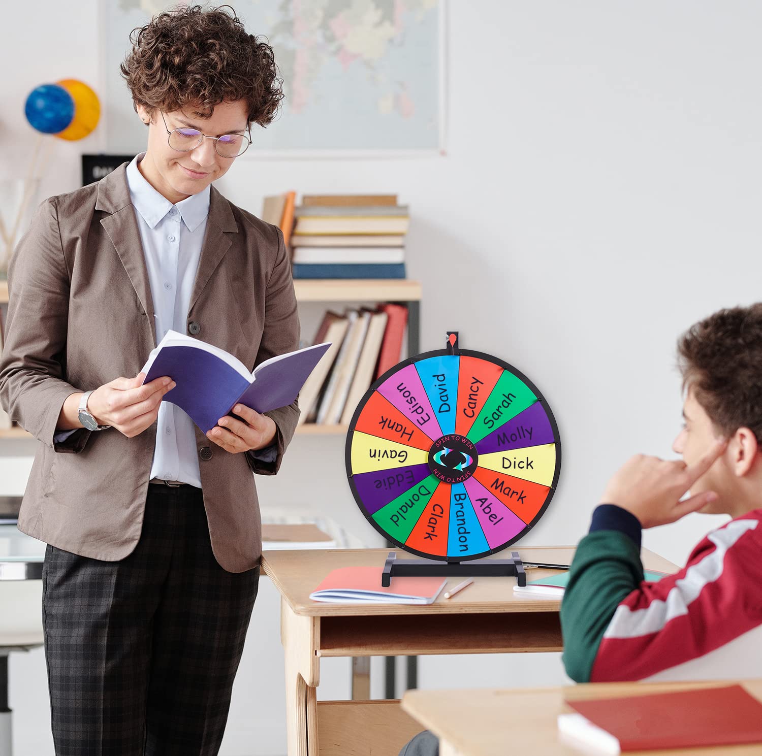 iElyiEsy 24" Spinning Prize Wheel of Fortune 14 Slots Spinner Wheel for Prizes with Stand, Dry Eraser and Marker Pen for Trade Show Carnival