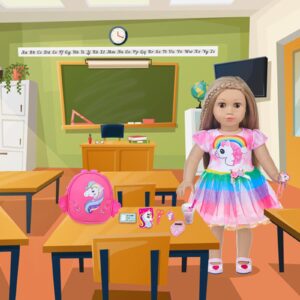 ZQDOLL 23 Pcs American Doll Clothes and Accessories School Supplies Playset for 18 Inch Doll Including Girl Doll Clothes, Bags, Student Cards, Sticker, Pencils, Calculator, Scissors, Notebook