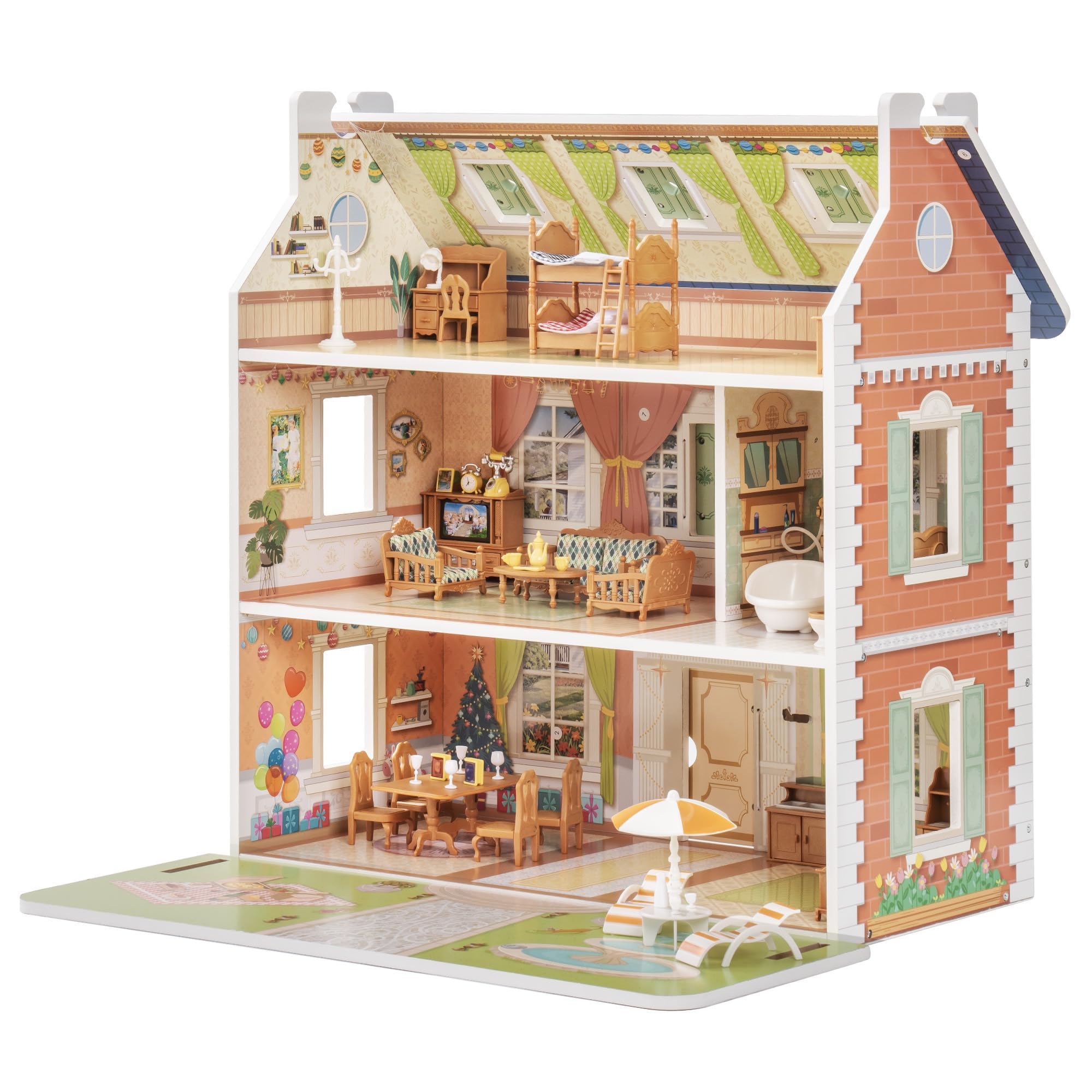 ROBUD Wooden Dollhouse for Kids Girls, Pretend Play Toy Gift for 3 4 5 6 Years Old Girls Boys