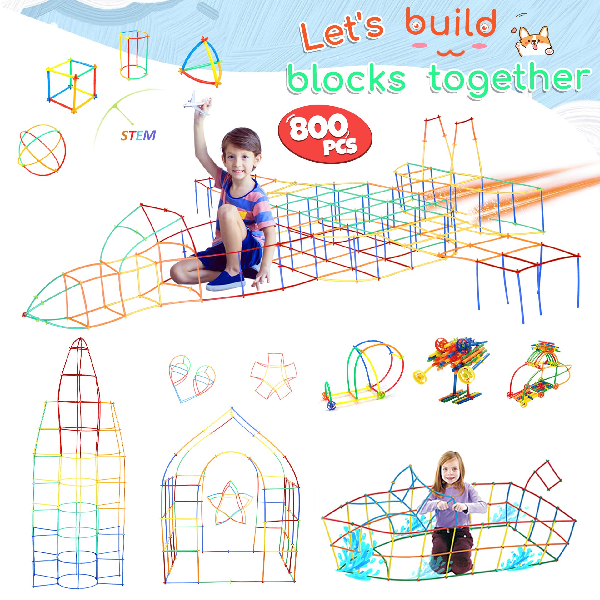 Ggiibro Straw Constructor Toys STEM Building Toys 800Pcs Toys for 3+ Year Interlocking Plastic Toys Engineering Toys Thin Tube Blocks Toy Educational Toy Kit for Indoor Kids Toys with a Storage Box