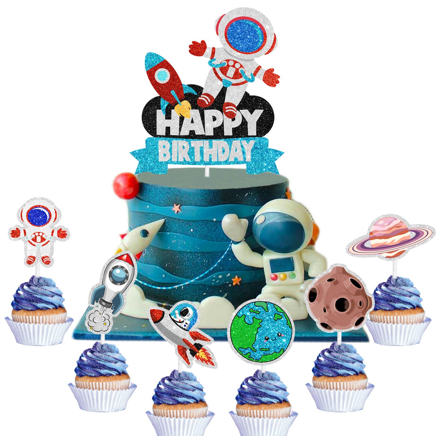 Set of Astronaut Happy Birthday Cake Toppers-with a Space Theme The Rocket Planet space ship Decorations for a Baby Shower, Boy or Girl's Birthday Party