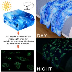 Wesan Glow in The Dark Galaxy Blanket Space Gifts for Kids Boys Girls Outer Space Planets Spaceships Astronomy Starry Sky Throw Birthday for 1-13 Year Teenage Teens Blue 50"x60"