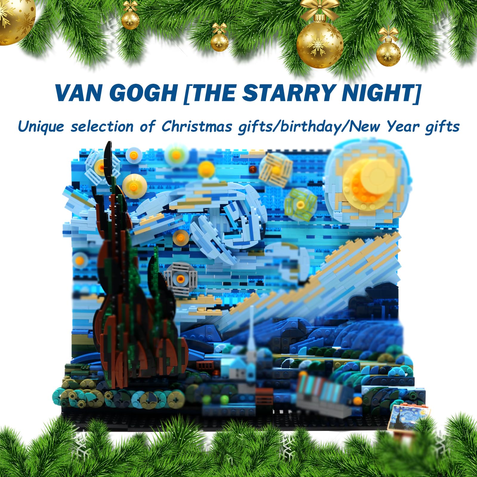 The Starry Night Toy Building Sets,DIY Building Blocks Van Gogh Starry Sky World Painting,Small Particles Children's Educational Assemble 3D Model,Stacking Blocks for Children and Adults (Blue)