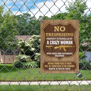 SmartSign 14 x 10 inch “No Trespassing Property Is Patrolled By A Crazy Woman” Funny No Trespassing Sign with Gun Graphic, 40 mil Laminated Rustproof Aluminum, Multicolor, Made in USA