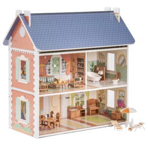 ROBUD Wooden Dollhouse for Kids Girls, Pretend Play Toy Gift for 3 4 5 6 Years Old Girls Boys