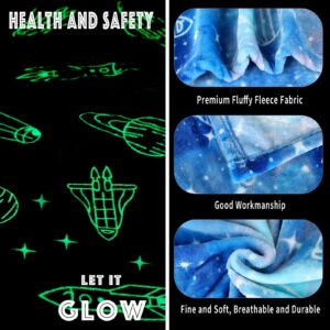 Wesan Glow in The Dark Galaxy Blanket Space Gifts for Kids Boys Girls Outer Space Planets Spaceships Astronomy Starry Sky Throw Birthday for 1-13 Year Teenage Teens Blue 50"x60"