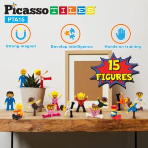 PicassoTiles 15-Piece Magnetic Character Action Figures Add-on Set for Construction Building Block Tiles