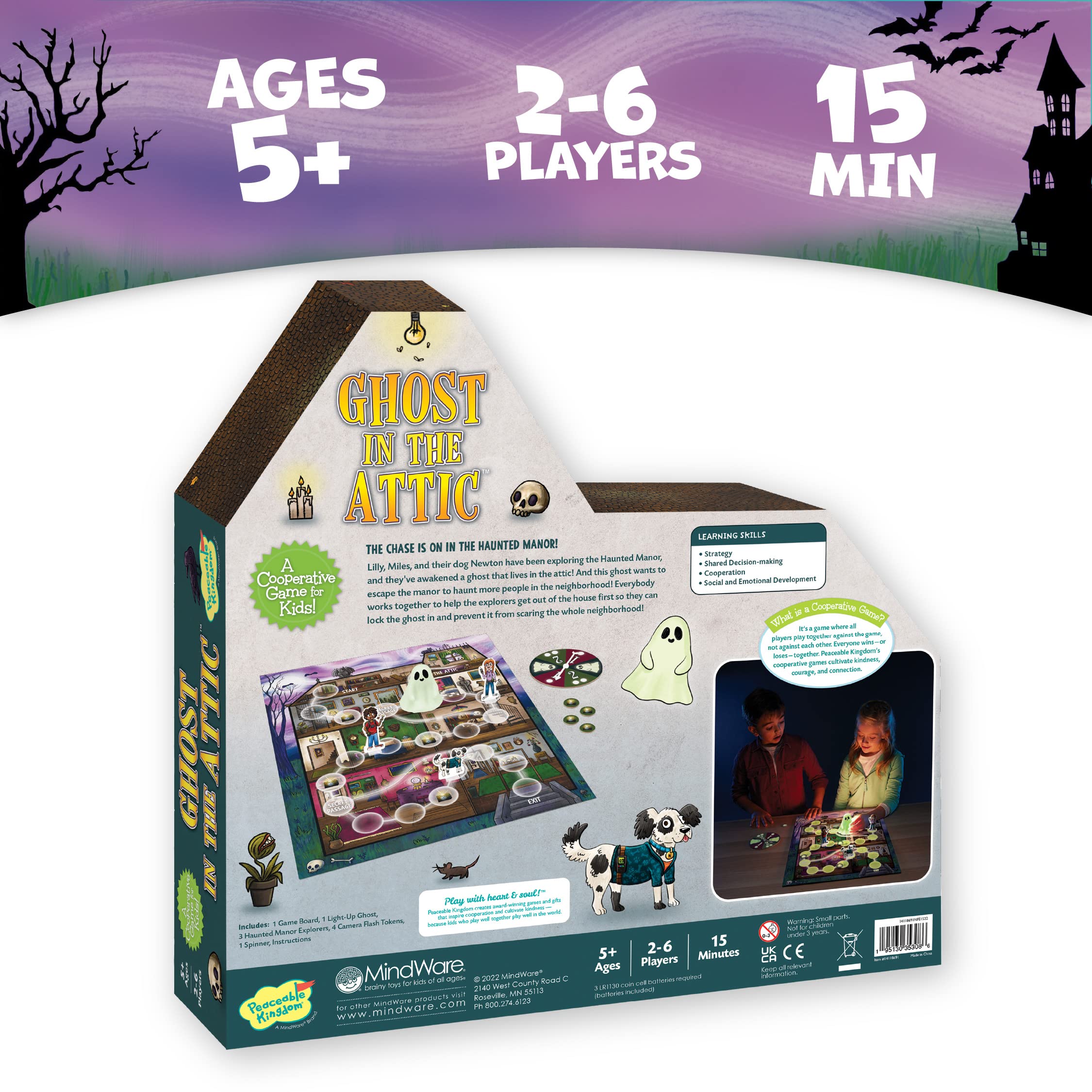 Peaceable Kingdom Ghost in The Attic - Cooperative Board Game for Family Game Night – Unique Glow-in-The-Dark Board Game - Great for Kids Ages 5 & Up