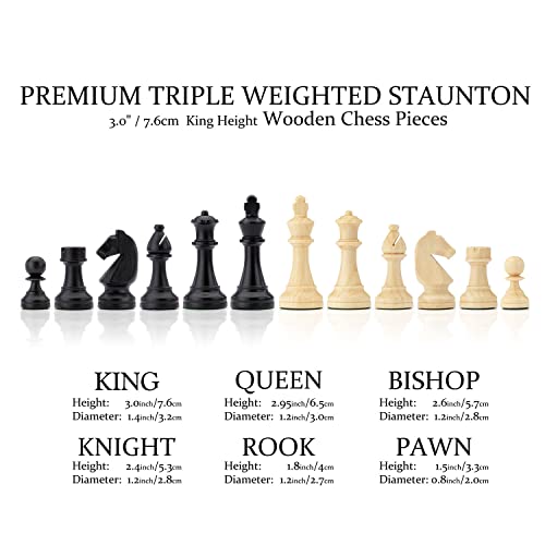 A&A Premium Triple Weighted Staunton Wooden Chess Pieces w/ 2 Extra Queen - King Height 3" / 7.6cm / 2 Storage Bags