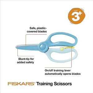 Fiskars Training Scissors for Preschoolers Ages 3+ (3-Pack), Small Kids Safety Scissors with Training Lever, Easy to Use, Preschooler Art Supplies, Back To School, Turquoise and Red