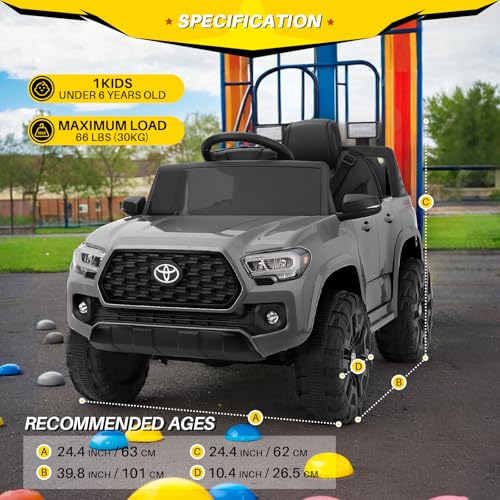 Blitzshark 12V Kids Ride on Car Licensed Toyota Tacoma Battery Powered Motorized Electric Vehicle, with Remote Control, Digital Display, Spring Suspension, Storage Space, Music & FM, Grey