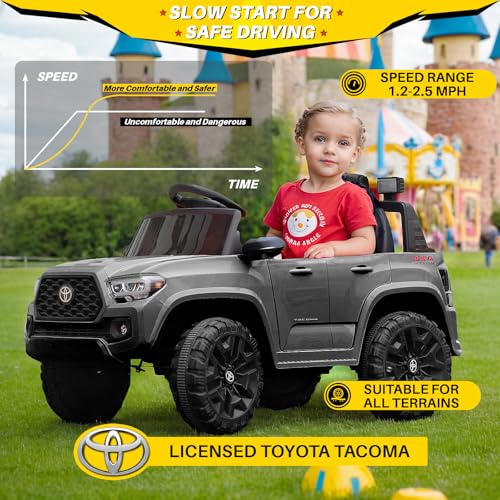 Blitzshark 12V Kids Ride on Car Licensed Toyota Tacoma Battery Powered Motorized Electric Vehicle, with Remote Control, Digital Display, Spring Suspension, Storage Space, Music & FM, Grey