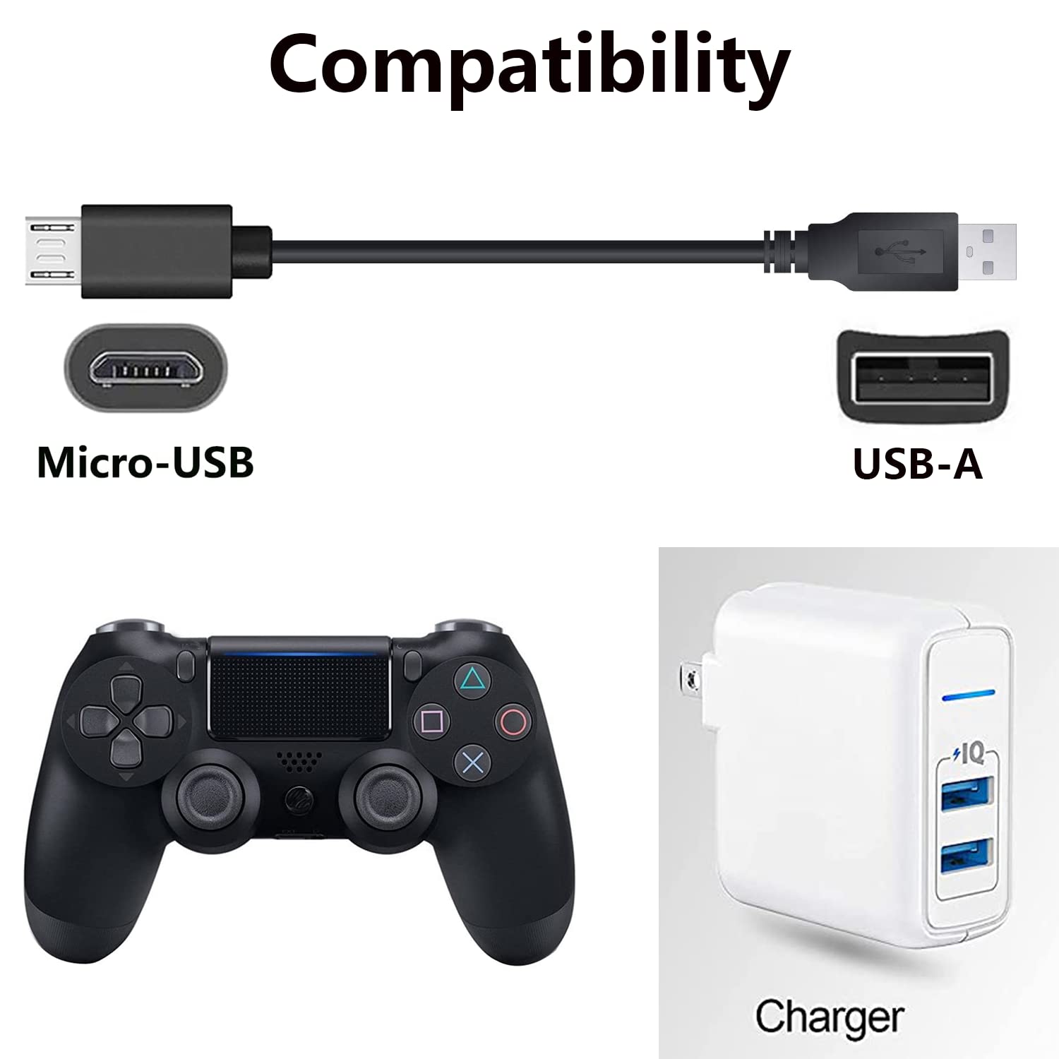 KQWOMA Replacement PS4/5 Controller Charger and Data Transfer Cord，Micro Charging Cable Compatible with Playstation 4/5, PS4 Slim/Pro, Xbox One S/X Controller and etc (6.6FT)