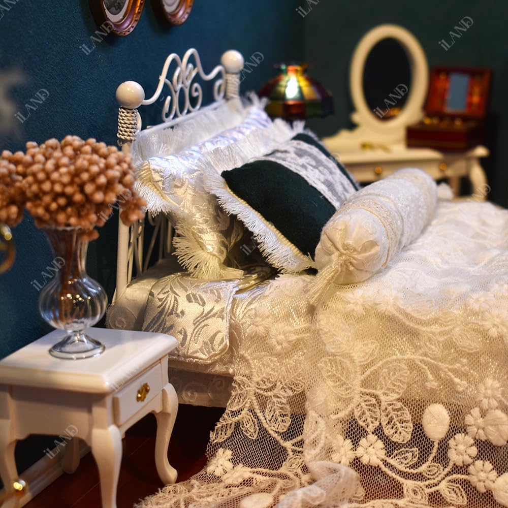 iLAND Victorian Dollhouse Furniture on 1:12 Scale, Dollhouse Bed Set 5pcs