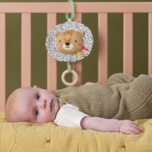 Taf Toys Soothing Musical Pulldown Toy with Multi-Textures & Wooden Teether, Attaches to Crib, Stroller and Car Seat, Develop Baby’s Senses and Cognitive Skills (Harry Musical Lion)