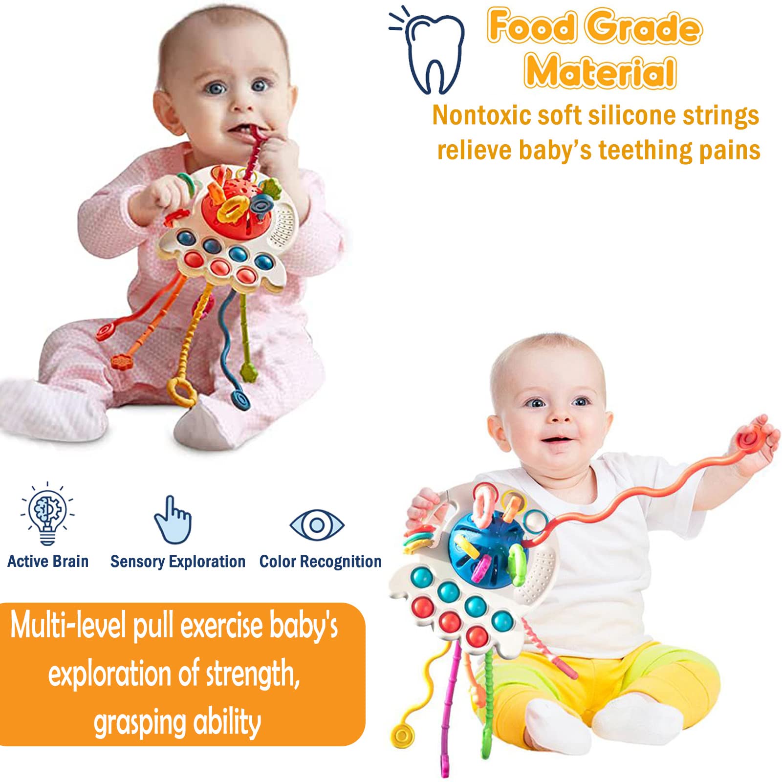 ENVFRI Food Grade Silicone Pull String Activity Toy, Baby Toys Montessori Pull String Learning Ropes with Simple Bubble Sliding Balls for Motor Skills, Sensory Teething Infants Toddlers Gifts 18M+