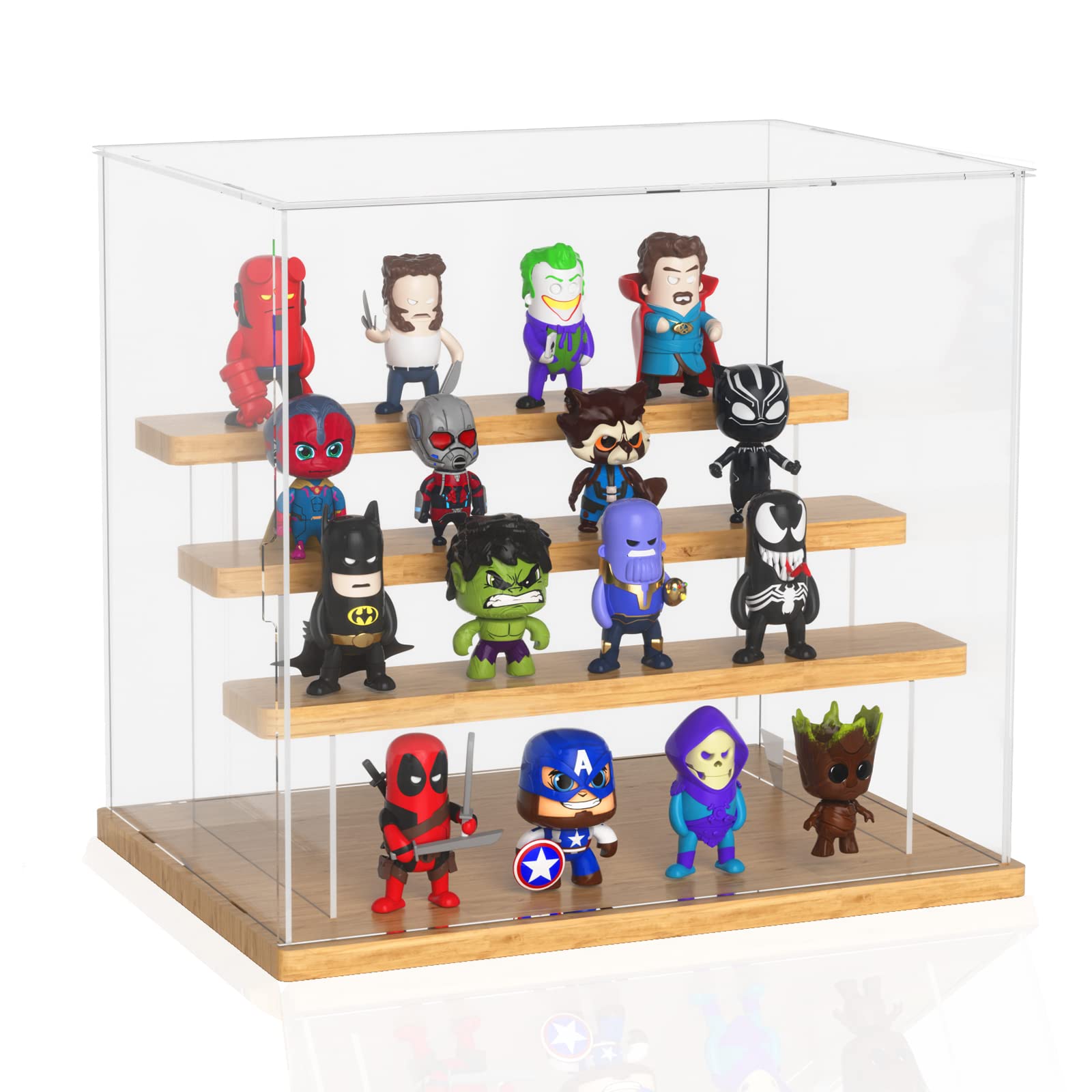 Display Case, innoAura Acrylic Display Case Box with Sticker, 4 Tier Wood Base Display Cases for Collectibles, Action Figure Display Case for Doll Toy Mini Figure (11.8x8.7x11 inch)