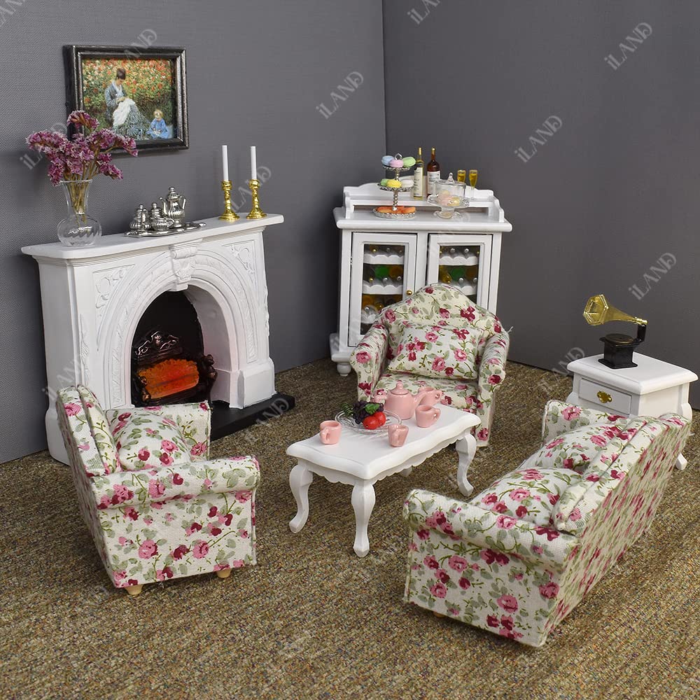 iLAND Dollhouse Furniture and Accessories of Dollhouse Fireplace on 1/12 Scale w/Fire Light & Fireplace Tong & Firewood Rack (Neoclassical 3pcs)