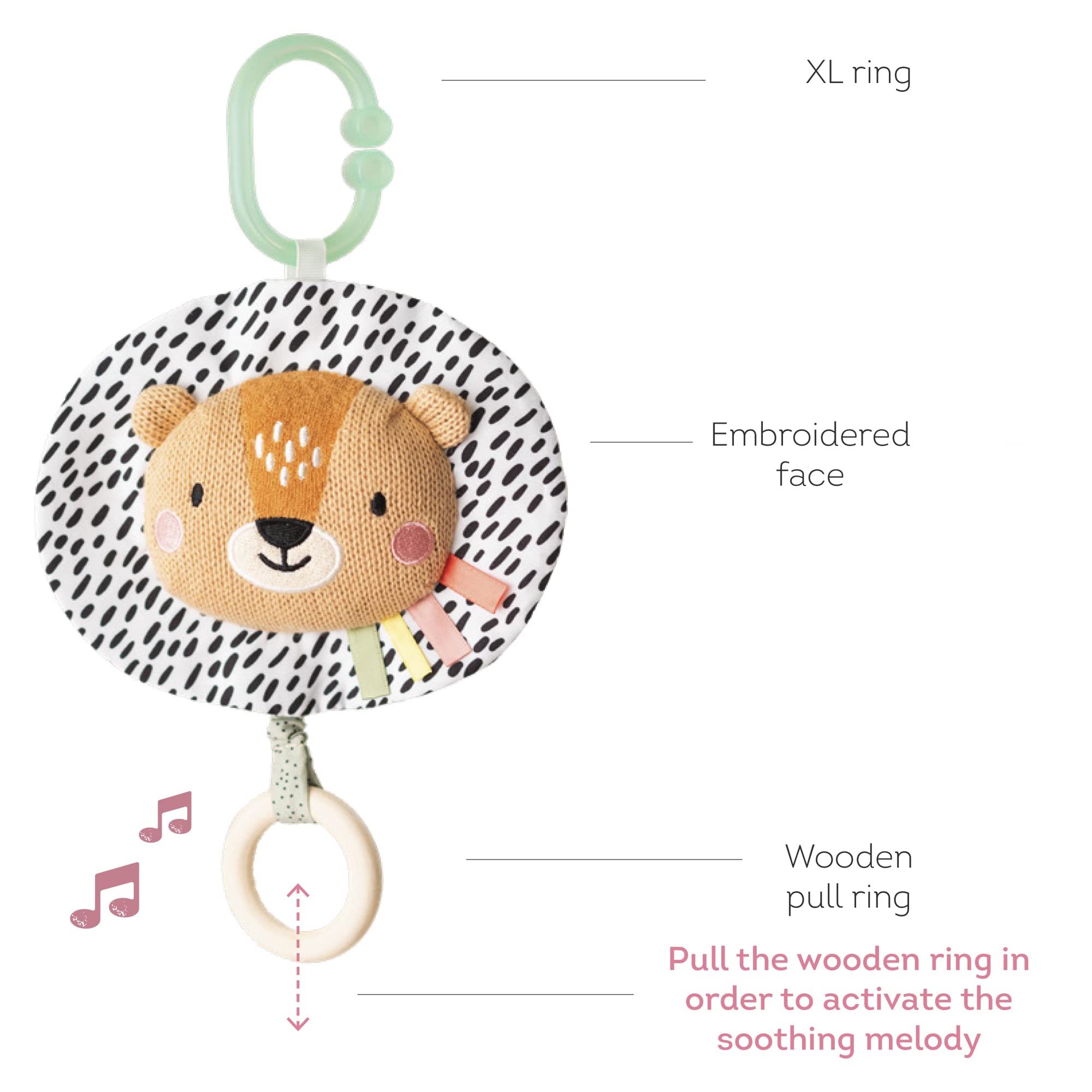 Taf Toys Soothing Musical Pulldown Toy with Multi-Textures & Wooden Teether, Attaches to Crib, Stroller and Car Seat, Develop Baby’s Senses and Cognitive Skills (Harry Musical Lion)