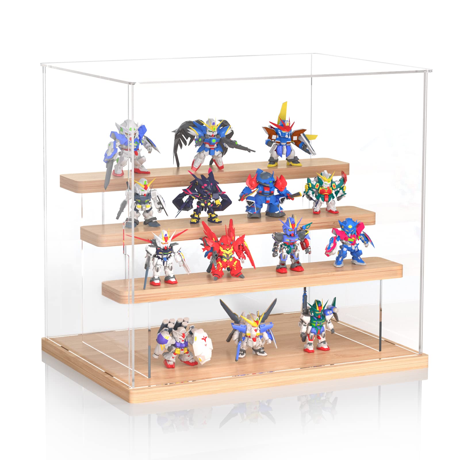 Display Case, innoAura Acrylic Display Case Box with Sticker, 4 Tier Wood Base Display Cases for Collectibles, Action Figure Display Case for Doll Toy Mini Figure (11.8x8.7x11 inch)