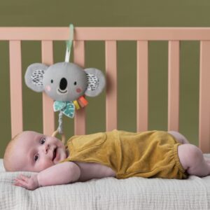 Taf Toys Soothing Musical Pulldown Toy with Multi-Textures & Wooden Teether, Attaches to Crib, Stroller and Car Seat, Develop Baby’s Senses and Cognitive Skills (Kimmy Musical Koala)