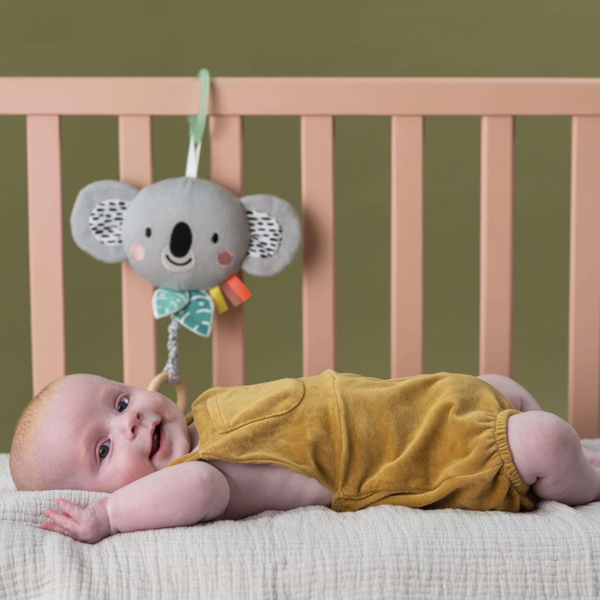 Taf Toys Soothing Musical Pulldown Toy with Multi-Textures & Wooden Teether, Attaches to Crib, Stroller and Car Seat, Develop Baby’s Senses and Cognitive Skills (Kimmy Musical Koala)