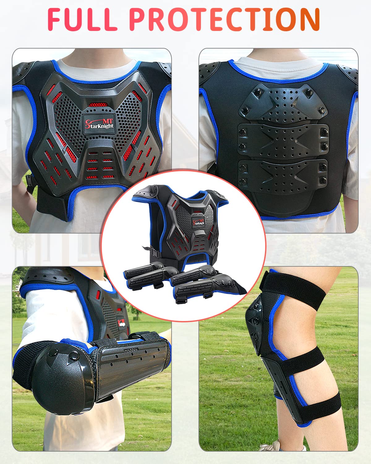 StarknightMT Kids Dirt Bike Gear - Youth ATV Motorcycle Riding Motocross Armor Suit, Blue+Red