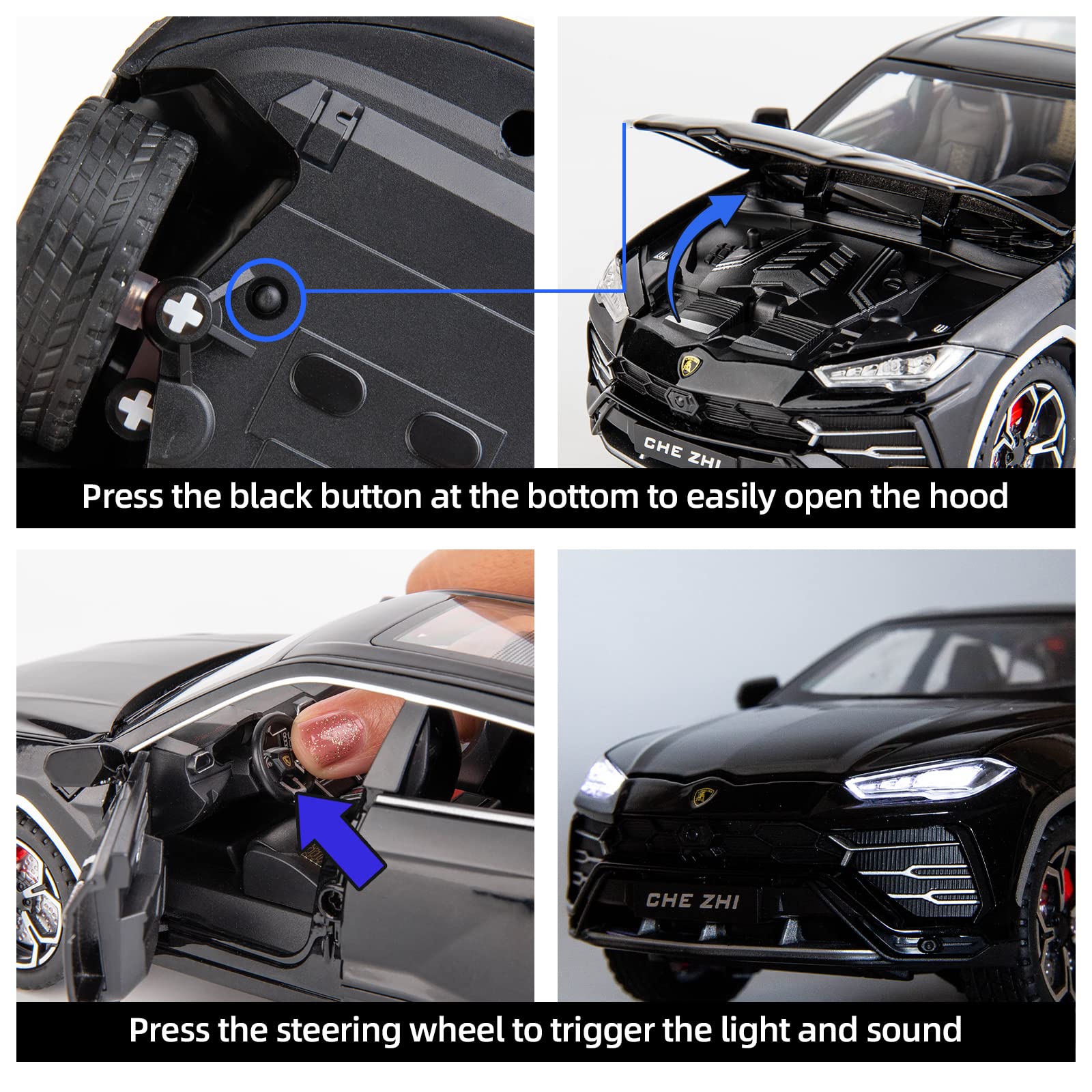 BDTCTK 1:24 Lambo Urus Car Model, Diecast Pull Back Car Toy car, Doors Open, Light and Sound, Boys Toys Kids Adults Gifts Black