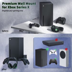 Narati Wall Mount for Xbox Series X, Wall Mount Kit for Xbox Series X with 2 Controller Holder & Headphone Hook, Integrated and Heat Ventilation Design, Mount Console Facing Forward