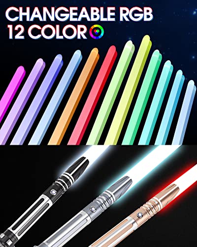 Dueling Light Saber, Motion Control Lightsabers for Adults,Smooth Swing Light Saber with 10 Sound Fonts,RGB 12 Colors Changeable, Metal Hilt for Halloween Cosplay Party,Birthday Gift, Grey,S9