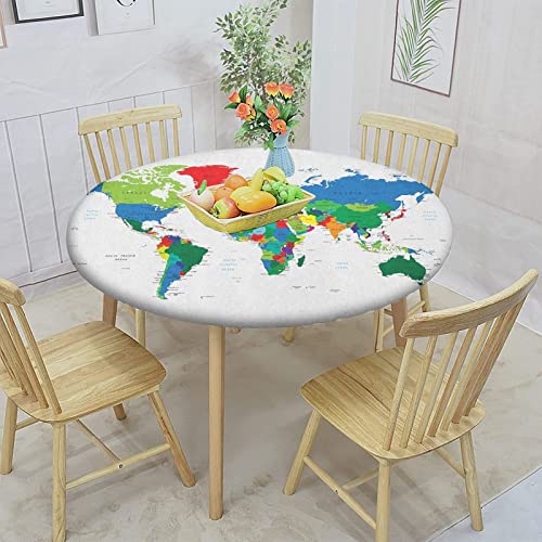 World Map Round Fitted Tablecloth with Elastic Edge, Colorful Political Print XXLarge Polyester Table Pad, Fit Round Tables up 65"-71" Diameter, for Wedding Party Dining Banquet