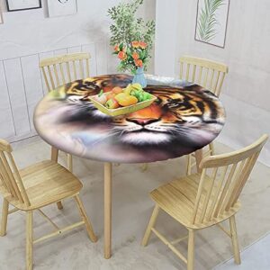 XISUNYA Tiger Decor Round Fitted Tablecloth with Elastic Edge, Double Exposure Tiger Collage Mandala Print XXLarge Polyester Table Cover, Fit Round Table up 65"-71", for Restaurant Picnic Party