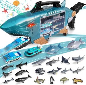 shark toys with led, music ocean animals toys, shark truck toys with 2pcs toy trucks, 2pcs shark cars,18pcs sea animal toys for 3+ year old kids