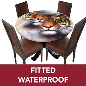 XISUNYA Tiger Decor Round Fitted Tablecloth with Elastic Edge, Double Exposure Tiger Collage Mandala Print XXLarge Polyester Table Cover, Fit Round Table up 65"-71", for Restaurant Picnic Party