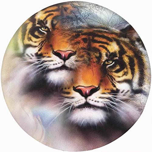 XISUNYA Tiger Decor Round Fitted Tablecloth with Elastic Edge, Double Exposure Tiger Collage Mandala Print XXLarge Polyester Table Cover, Fit Round Table up 65"-71", for Restaurant Picnic Party