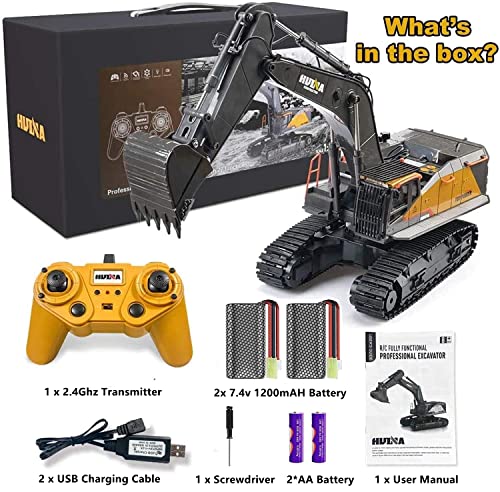 BNAM Remote Control Excavator Toy 1/14 Scale RC Excavator, 22 Channel Upgrade Full Functional Construction Vehicles Rechargeable RC Truck with Metal Shovel and Lights Sounds Best for Kids 3-15