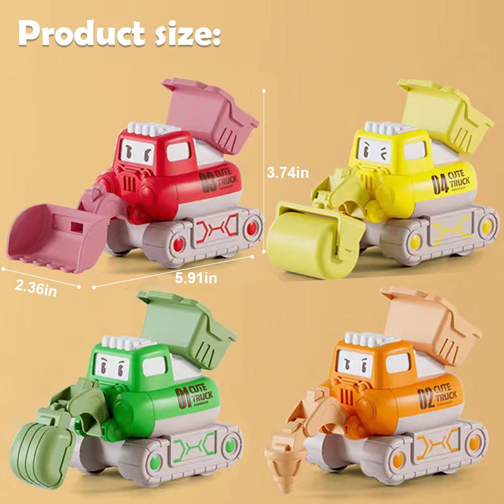 Construction Vehicle Toys Cars for 3 4 5 6 7 Year Old Toddlers, 4 Pack Press and Go Trucks Set Bulldozer, Excavator, Road Roller, Pile Drive for Kids, Birthday Toys for Boys Girls