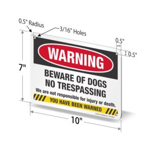 SmartSign (Pack of 4) 7 x 10 inch “Warning - Beware Of Dogs, No Trespassing, Not Responsible For Injury Or Death” Metal Sign, 40 mil Laminated Rustproof Aluminum, Red, Black,Yellow and White, USA-Made