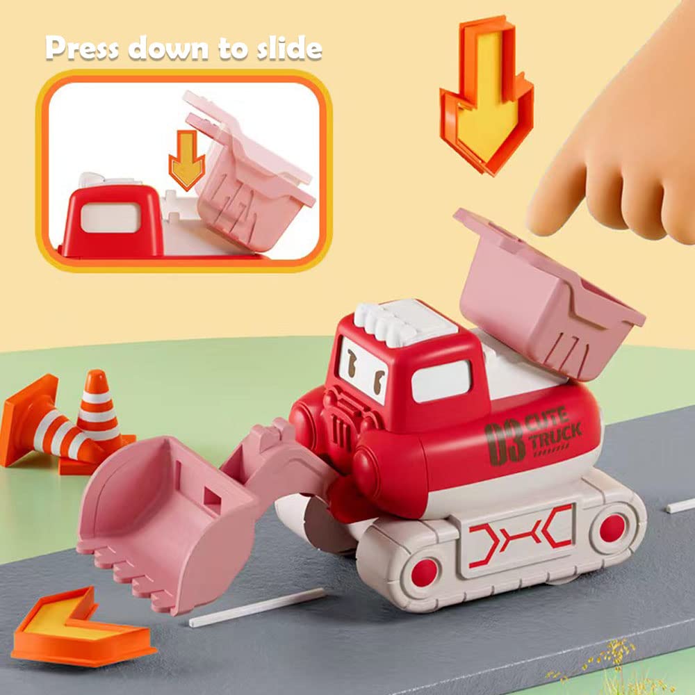 Construction Vehicle Toys Cars for 3 4 5 6 7 Year Old Toddlers, 4 Pack Press and Go Trucks Set Bulldozer, Excavator, Road Roller, Pile Drive for Kids, Birthday Toys for Boys Girls