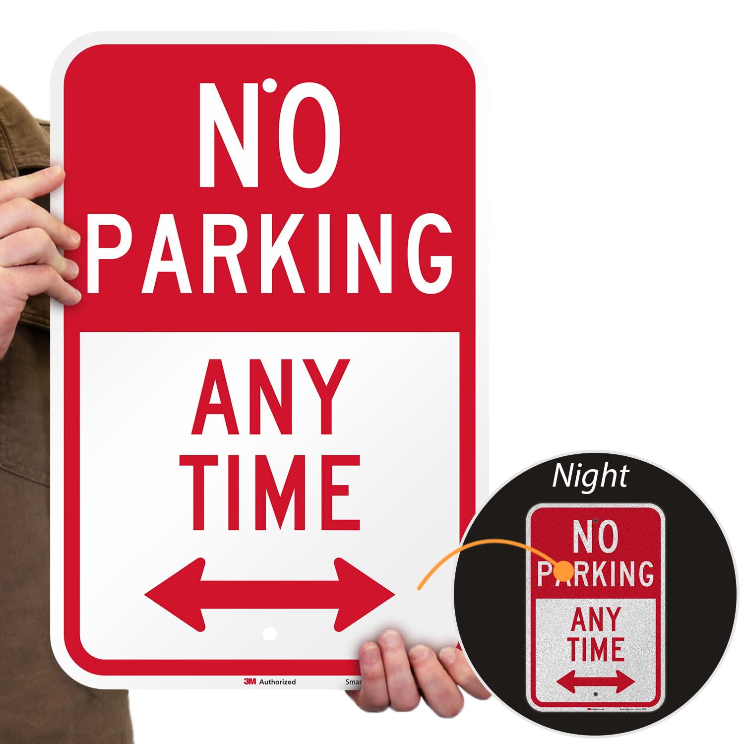 SmartSign 18 x 12 inch “No Parking - Any Time” Metal Sign with Bidirectional Arrow, 63 mil Aluminum, 3M Laminated Engineer Grade Reflective Material, Red and White, Made in USA