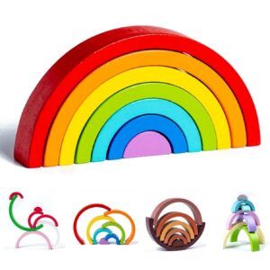 ESLETO Wooden Rainbow Stacker Nesting Puzzle Toy, Creative Color Stacking Nesting Puzzle Blocks, Educational Montessori Toy Set for Kids Boy Toddlers (Rainbow)