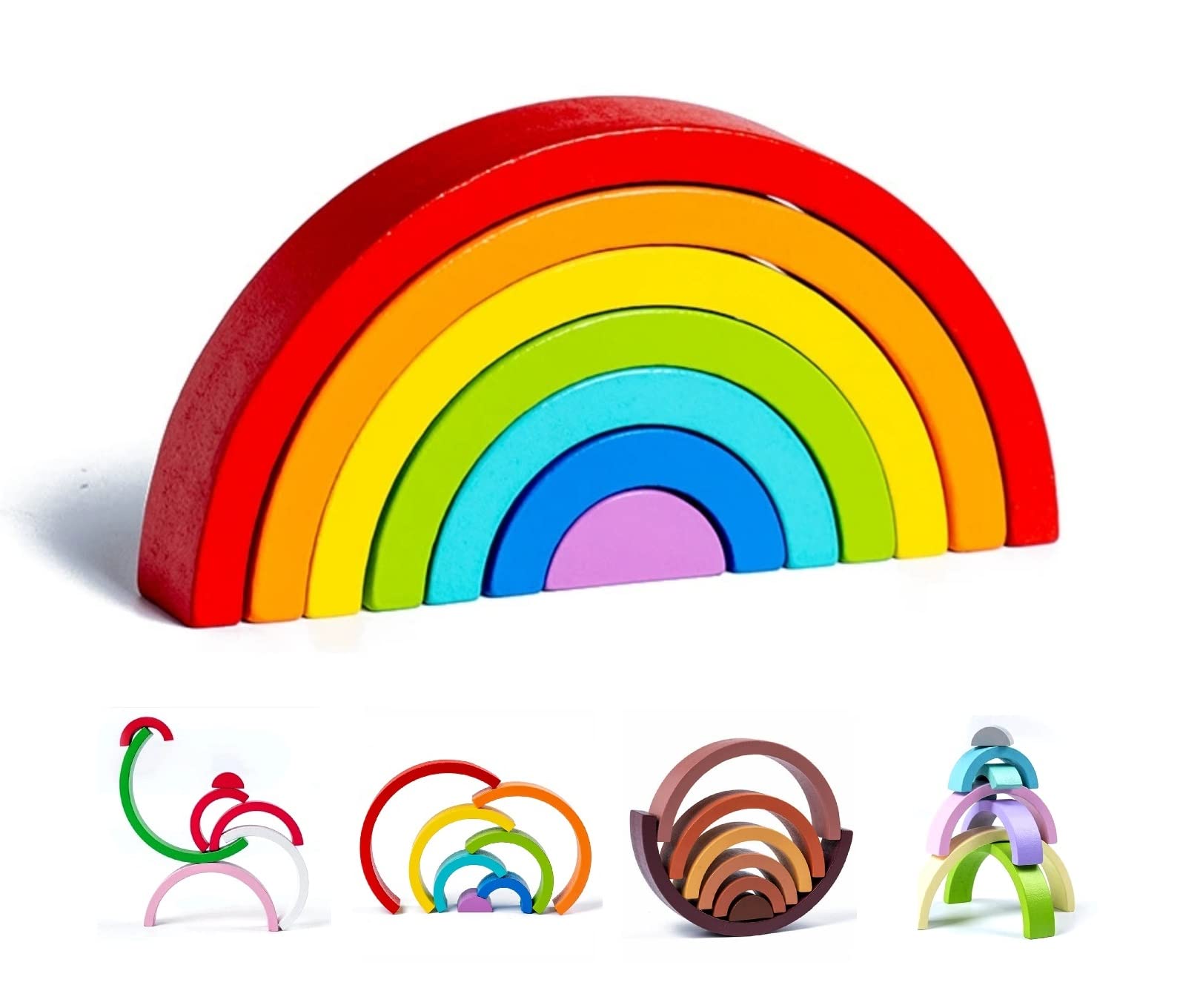 ESLETO Wooden Rainbow Stacker Nesting Puzzle Toy, Creative Color Stacking Nesting Puzzle Blocks, Educational Montessori Toy Set for Kids Boy Toddlers (Rainbow)