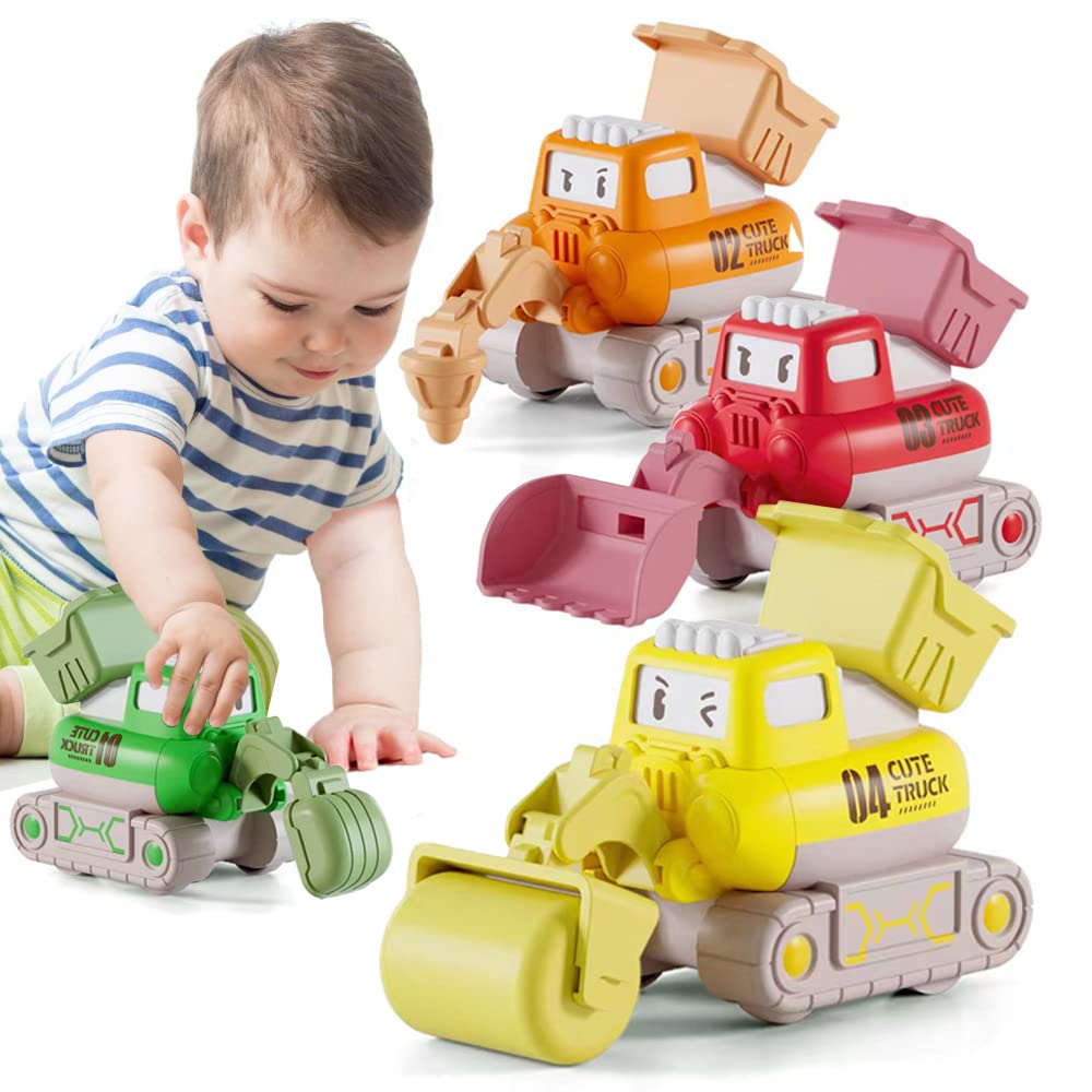 Construction Vehicle Toys Cars for 3 4 5 6 7 Year Old Toddlers, 4 Pack Press and Go Trucks Set Bulldozer, Excavator, Road Roller, Pile Drive for Kids, Birthday Toys for Boys Girls